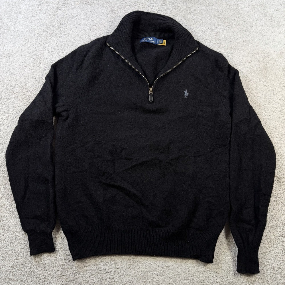 Polo Ralph Lauren 1/4 Zip Men Large (Fits Small) Black Wool Alpaca Pony Pullover